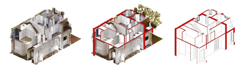 Bestandsaufnahme | Bauunternehmen Südtirol - Baufirma Hafner Meran - 2 Bauunternehmen Südtirol - Baufirma Hafner Meran - Scan to BIM From left to right Point cloud point cloud with a BIM model overlapped and